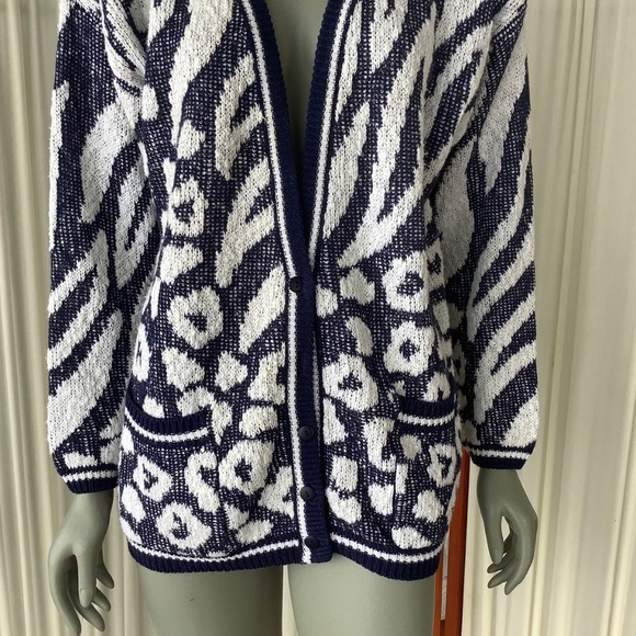 Renee Tener For Jeanne Pierre Vintage Cardigan Sweater Blue and White Cotton M - Picture 2 of 8